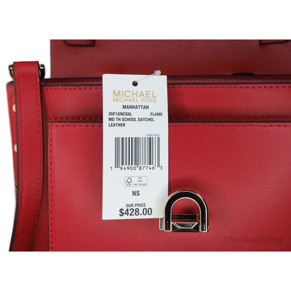 NEW Michael Kors Manhattan Medium Satchel Bag Red Leather Top Handle School NWT - Picture 4 of 9